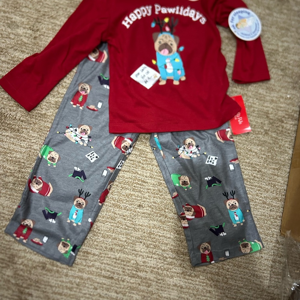 Happy Pawlidays Kids Pajamas - Red and Gray
